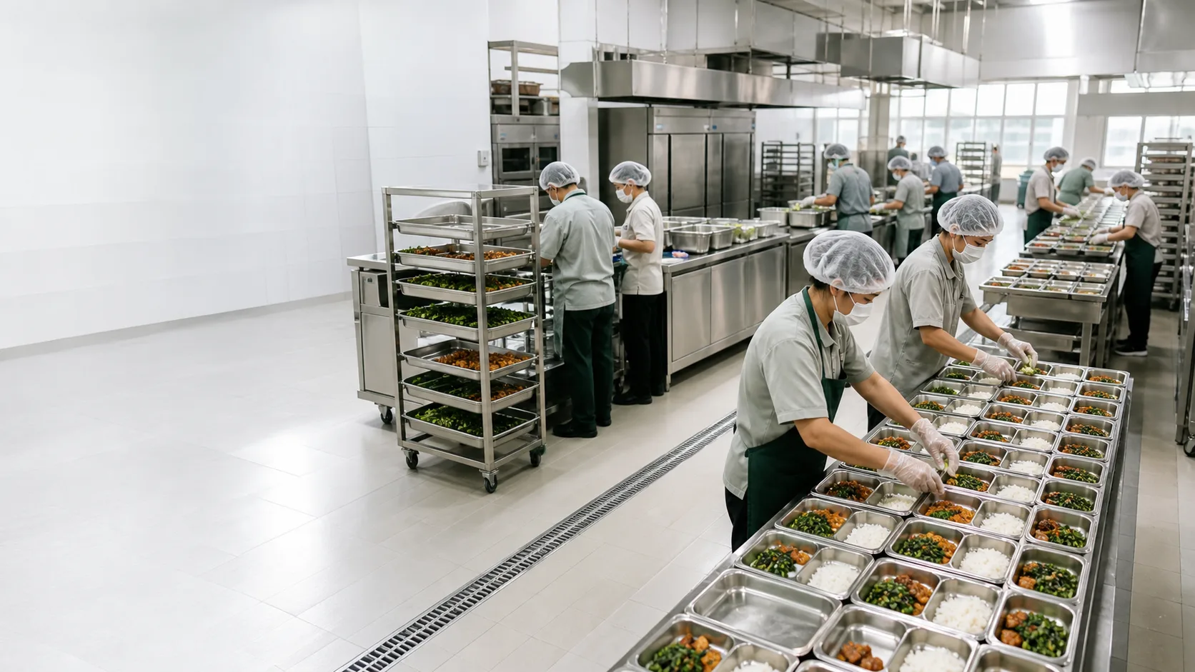 Dây chuyền chuẩn bị suất ăn trong bếp công nghiệp