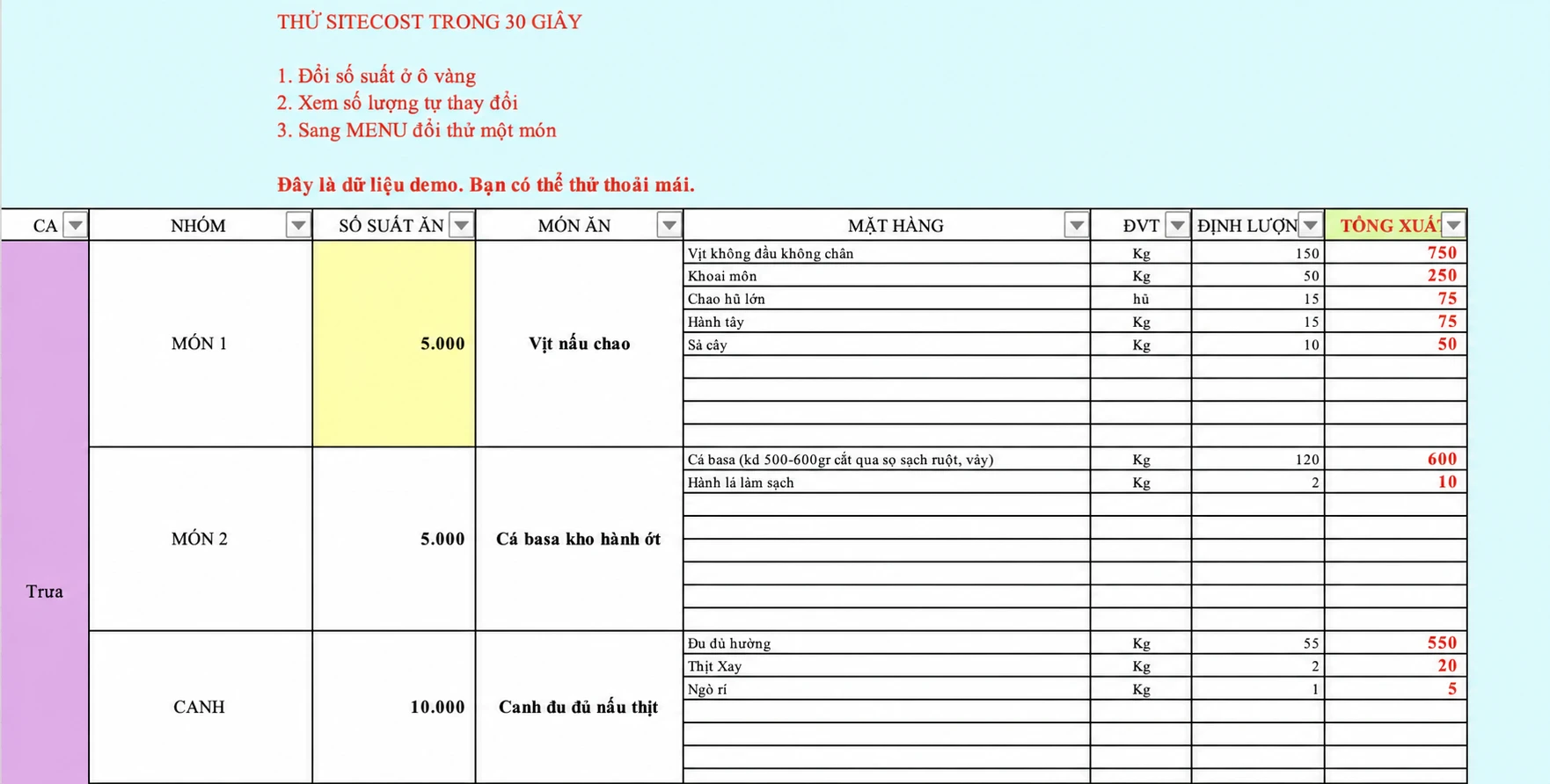File dự trù SiteCost với số suất, món ăn, mặt hàng và tổng xuất